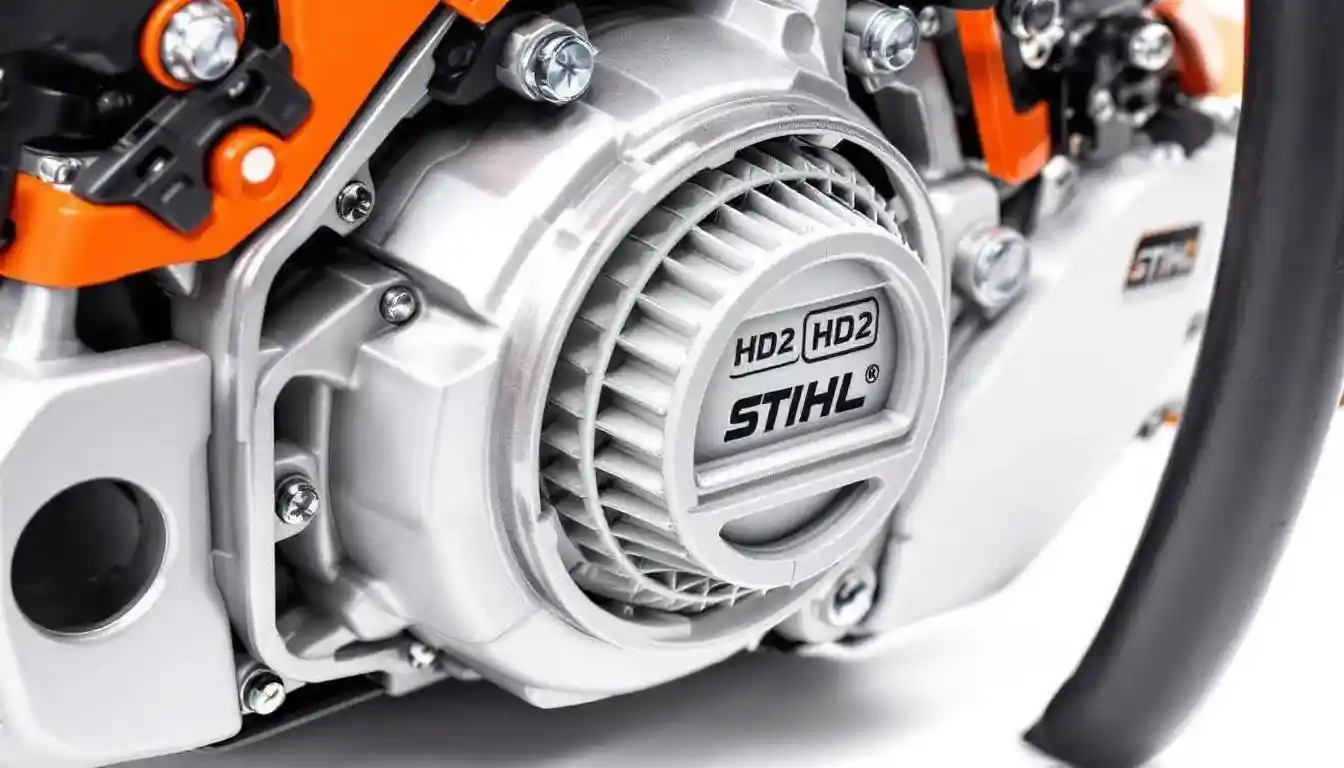 . Zbliżenie na silnik pilarki spalinowej Stihl, z wyraźnie widocznym systemem filtracji HD2, który zapewnia efektywne cięcie drewna oraz zwiększa komfort pracy. Obraz ukazuje również elementy konstrukcyjne, takie jak regulowana pompa olejowa i system antywibracyjny, typowe dla pilarek łańcuchowych Stihl. .