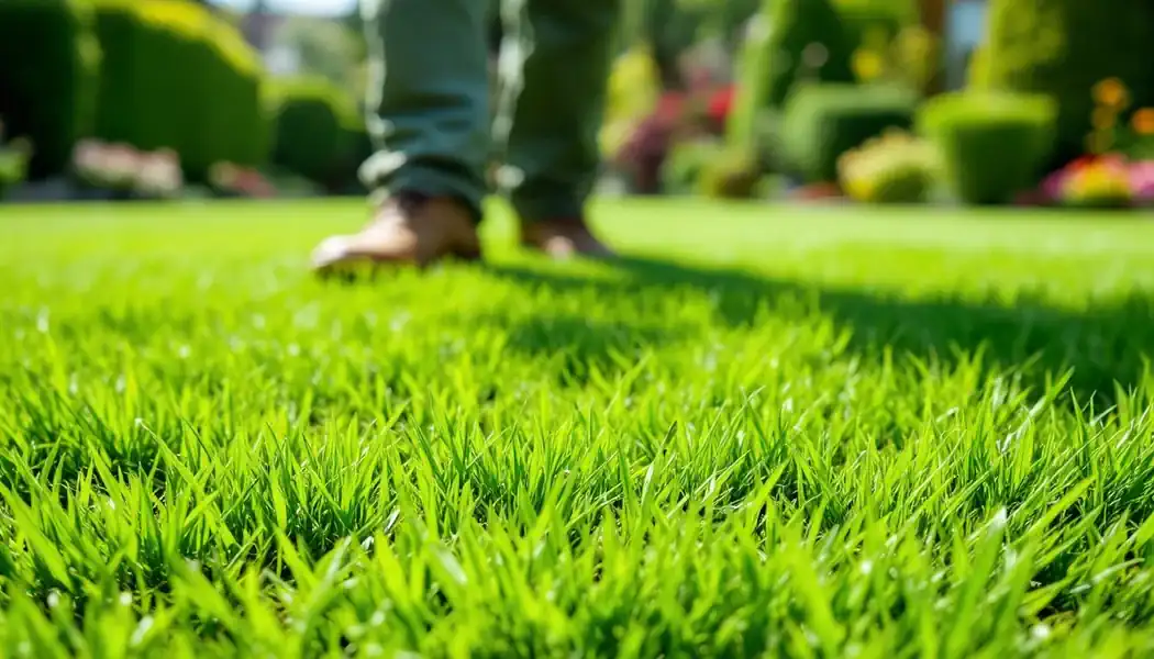 Wertykulacja trawnika na zdrowym, zielonym trawniku.