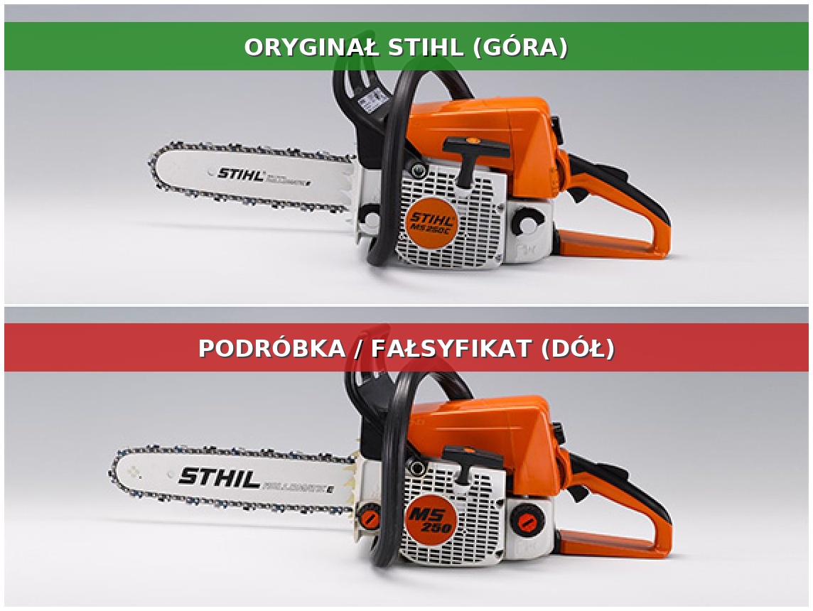Oznaczenie: u góry oryginalna pilarka STIHL, u dołu podróbka — różnice w napisie na prowadnicy i mocowaniu pokrywy