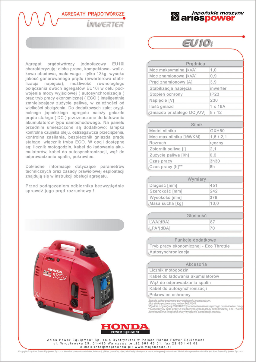 HONDA Agregat prądotwórczy EU 10i - inwerterowa stabilizacja napięcia