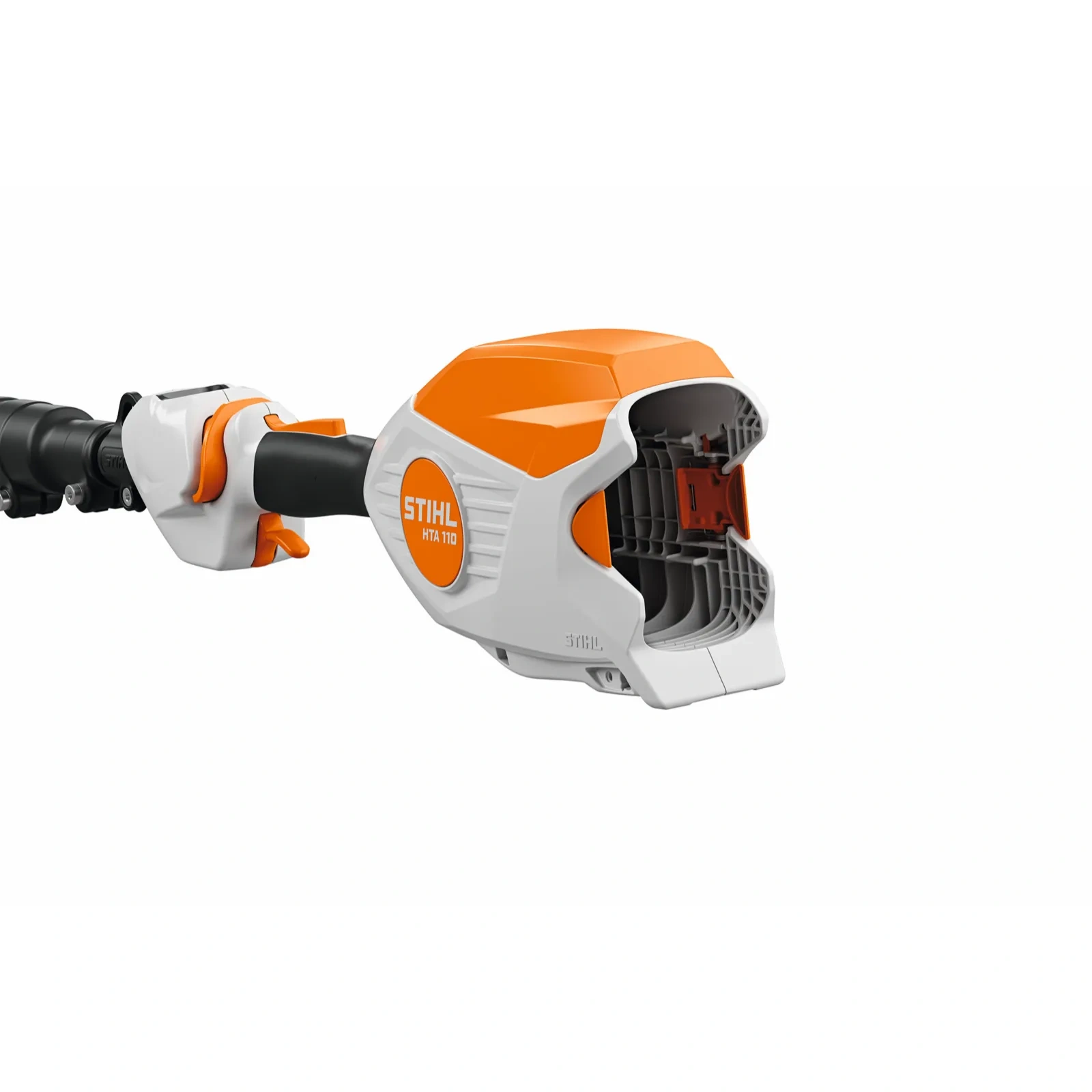 Komora akumulatora i uchwyt teleskopu podkrzesywarki STIHL HTA 110 z bliska