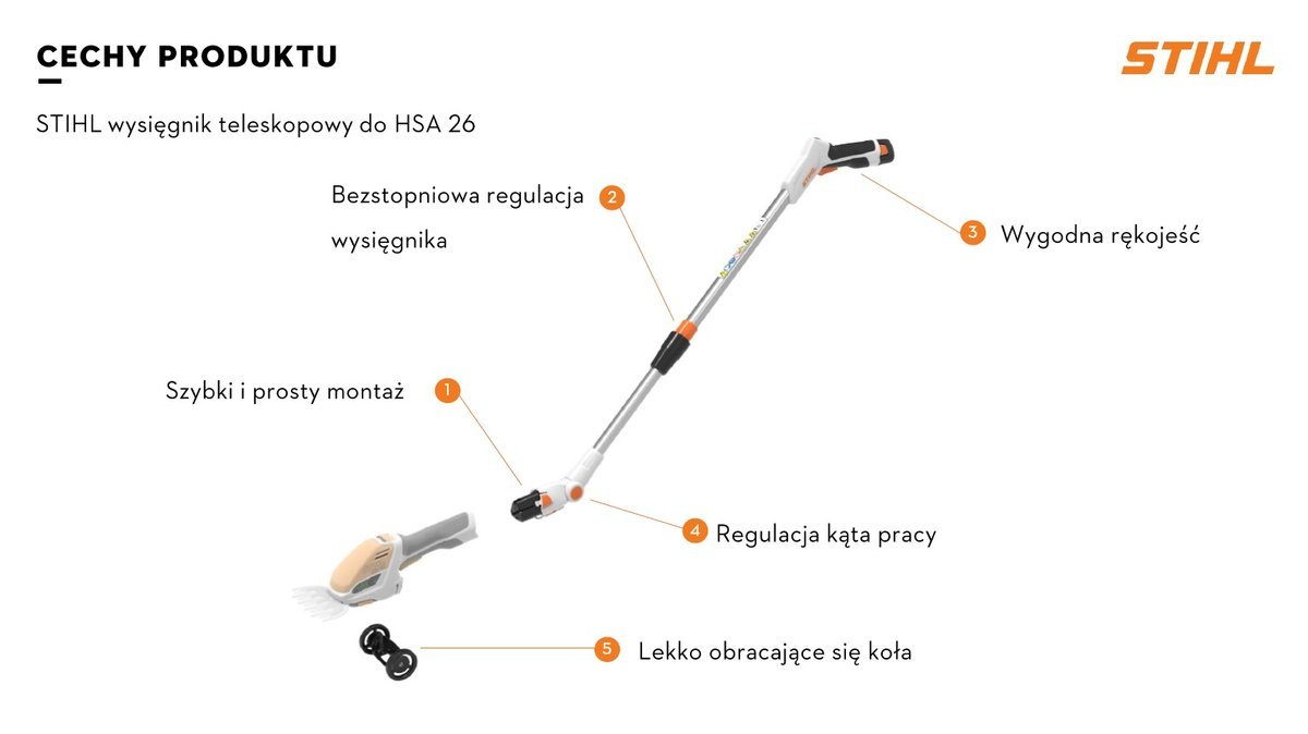 Stihl Wysięgnik HSA 26 - teleskopowy, o dł. 95-110 cm, regulacja kąta pracy - regulacja kąta pracy