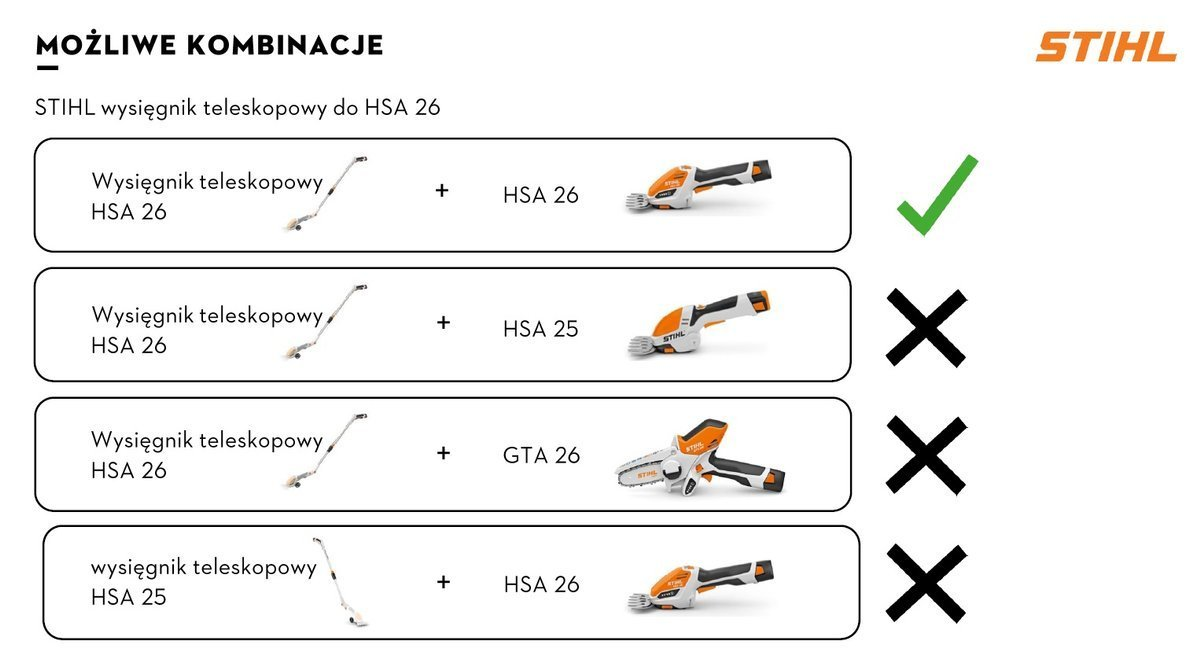 Stihl Wysięgnik HSA 26 - teleskopowy, o dł. 95-110 cm, regulacja kąta pracy - łatwość montażu i użytkowania